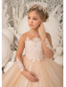 Long Sleeve Champagne Lace Tulle Floor Length Buttons Back Flower Girl Dress